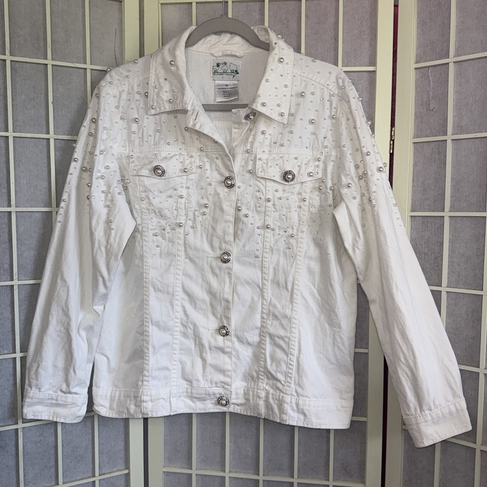 Quacker Factory White Pearl Rhinestone Embellished Preppy Denim Jacket Size XS
